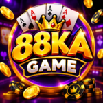 88KA Game logo with golden lettering, crown, cards, and poker chips on a vibrant purple background.