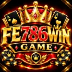 FE786WIN Game logo with a gold crown, playing cards, poker chips, red and gold 3D lettering.