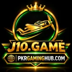 J10.GAME logo featuring a golden airplane inside a glowing green and gold circular emblem, with PKRGAMINGHUB.COM displayed below.
