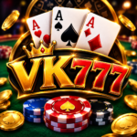 VK777 online gaming logo with playing cards and colorful poker chips.