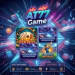 AT77 Game colorful gaming platform banner with multiple game cards and live activity panel.