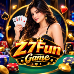 Z7Fun Game feature image with a glamorous woman, playing cards, colorful chips, and a gold gaming logo.