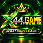 X44.GAME gaming registration banner with neon green and gold design, registration form, game themed graphics, and PKRGamingHub.com branding.
